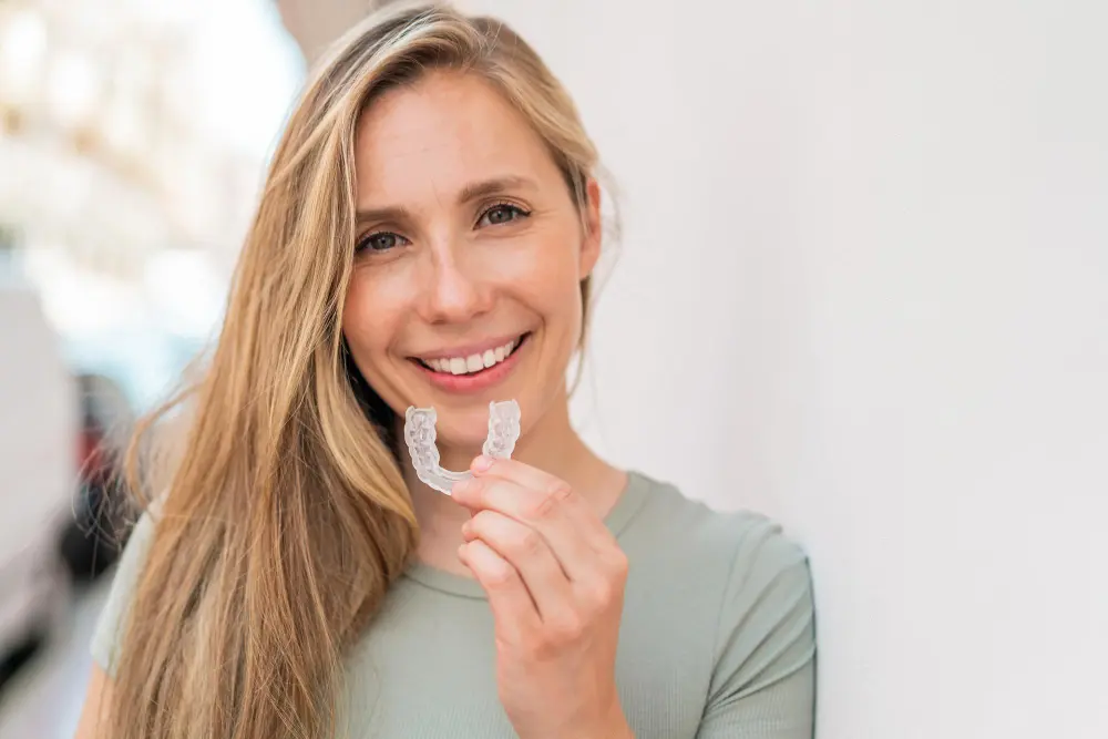 Young blonde woman outdoors holding invisible braces with happy expression
